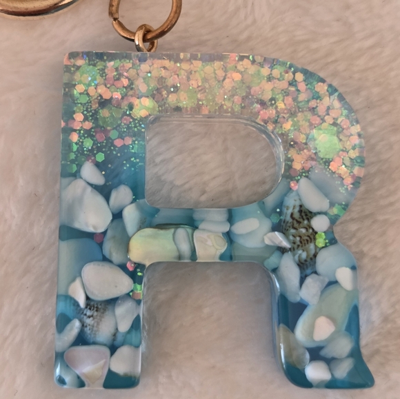 Tropical Blue and Goldtone Initial 'R' Bag Charm Holder Keychain New - Picture 4 of 11